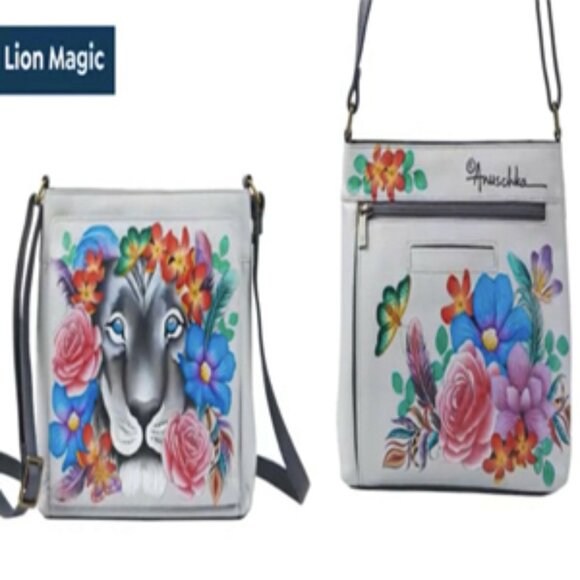 ANUSCHKA Hand Painted Leather Crossbody Organizer Handbag ~ Lion Magic (Gray) - Picture 1 of 14
